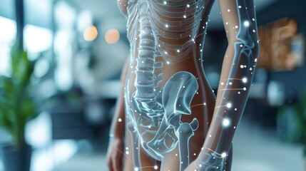 Poster - A graphic of a female with a pelvis and a body scan illustrates the concept of orthopedic analysis technology
