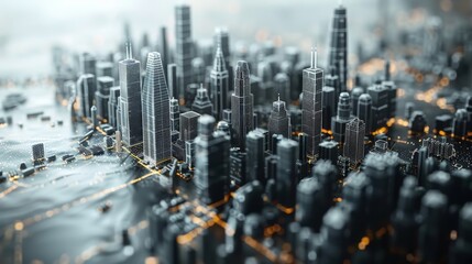 Fototapete - The concept of a smart city or digital city based on a wireframe cityscape in a futuristic style