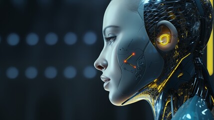 Wall Mural - Side view of a humanoid head with blue and yellow eyes and vibrant neon neural network, representing futuristic technology and artificial intelligence.