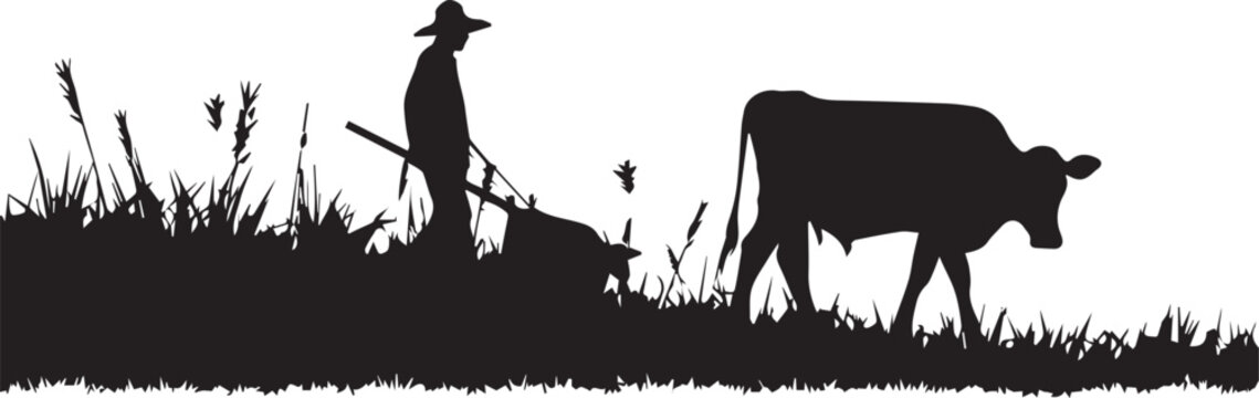  Farmer plowing cow in field silhouette icon. Farmer working concept. Vector illustration