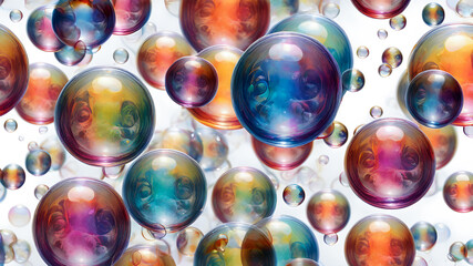 Wall Mural - many rainbow soap bubbles on a light background. Transparent multi-colored soap bubbles. illustration.