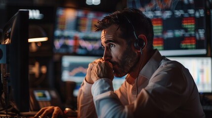 A person watching stock market performance charts and graphs on a computer screen with a serious expression