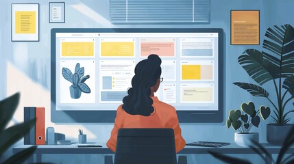 Poster - A woman is sitting at a desk in front of a computer monitor. She is wearing an orange shirt and is looking at the screen. The room has a potted plant and a few books on the desk