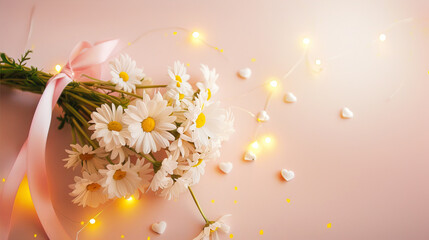 Wall Mural - Bouquet of daisies on a blurred background with hearts
