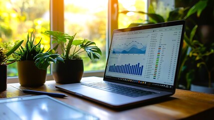 Poster - A computer monitor with a green plant on the left side ,  monitor is displaying a graph. Generative ai illustration.