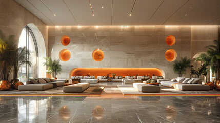 Poster - lounge, luxury, sunlight, windows, opulent, furniture, orange, accents, marble, floor, polished, grand, architecture, interior, design, modern, stylish, spacious, relaxation, comfort, elegant, welcomi