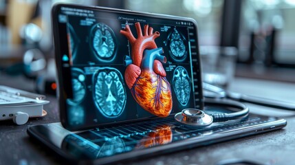 Aufkleber - Medical or cardiology treatment technology concept with stethoscope analyzing human heart.