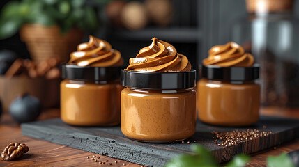 Wall Mural - Wide photo of food containers in order, set of brown peanut butter jars with black lid, mockup on wooden table and raw nuts around  