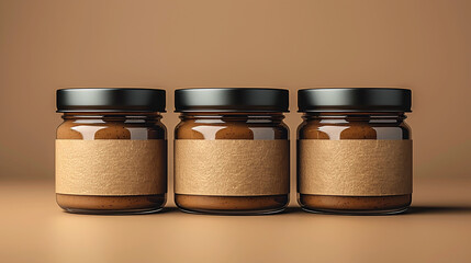 Wall Mural - Wide photo of food containers in order, set of brown peanut butter jars with blank label, mockup on wooden table and raw nuts around  