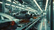 The Car Factory Digitalization Industry 4.0 Concept: Automated Robot Arm Assembly Line Manufacturing Low-Emission Electric Vehicles. Artificial Intelligence Analysis of Inspections and Production