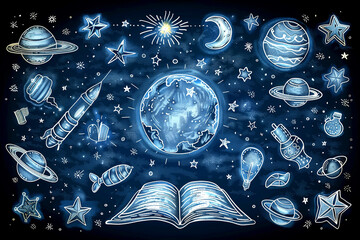 a blue and white drawing of planets and stars with a book open