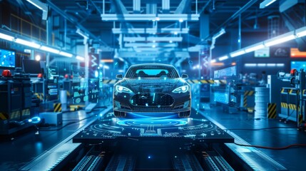 Poster - Industry 4.0 5G IOT Concept: Automated Robot Arm Assembly Line Manufacturing High-Tech Electric Vehicles. AI Computer Vision Analyzing, Scanning Production Efficiency.