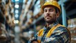 Construction worker portrait with blurred warehouse background created using generation technology. Concept Portrait Photography, Construction Worker, Blurred Background, Warehouse