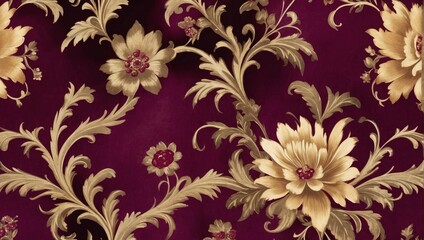  Opulent Garnet Cloth, Velvet Satin with Floral Embellishments, Golden Accents, and an Elegant Abstract Wallpaper Scheme