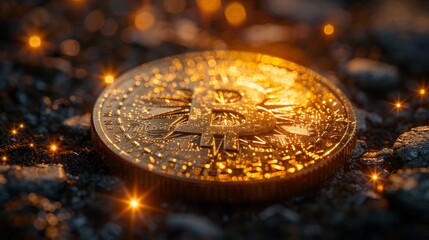 Fototapete - Crypto coin with digital art element depicting non-fungible token technology (NFT)