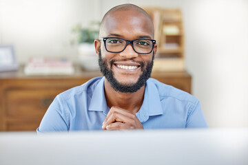 Poster - Businessman, smile and portrait with computer at desk for research, planning and internet connection. Happy, black person or entrepreneur with a desktop pc in home office for remote or freelance work