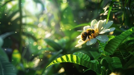 Poster - A bee gathering nectar from a flower petal against the backdrop of lush foliage