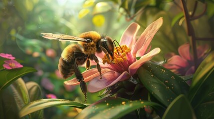 Poster - A bee gathering nectar from a flower petal against the backdrop of lush foliage