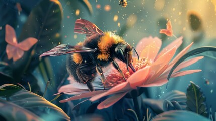 Poster - A bee gathering nectar from a flower petal against the backdrop of lush foliage