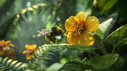 Poster - A bee gathering nectar from a flower petal against the backdrop of lush foliage