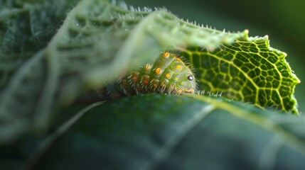 Poster - A beetle larvae nestled snugly within the folds of a leaf, undergoing metamorphosis