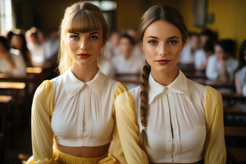 Wall Mural - Two women in yellow shirts and white collars sit in a classroom