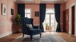 Navy Armchair with Coral Plant in Bright Room with Cream Wall and Cherry Parquet Flooring