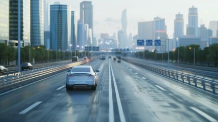 Canvas Print - A self-driving autonomous vehicle moves along a city highway. Visualization Concept: AI sensors scan the road ahead for vehicles, danger, and speed limits. Day urban driveway. Following view from the