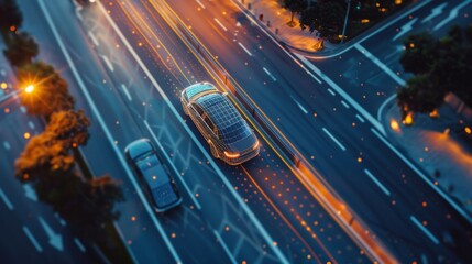 Poster - The following aerial drone view shows an autonomous self-driving car moving through a city highway. Visualization Concept: Cameras scanning for vehicles, hazards, and speed limits.