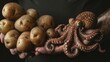 Close-up of a hand holding an octopus with potatoes arranged artistically, high contrast isolated background, perfect for culinary ads, studio lighting
