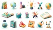 3D Icons Illustrating Education Subjects: Mathematics, Science, Literature, and Arts for School