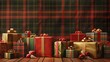 the essence of Christmas morning with a border of festively wrapped presents against a cozy plaid background.