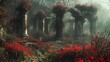 Enchanted garden with ancient ruins and vivid red flowers engulfing stone columns