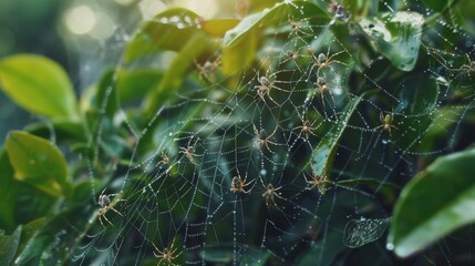 Poster - A cluster of tiny spiderlings weaving intricate webs among the leaves