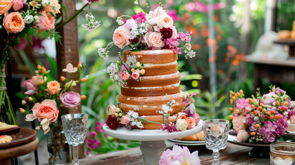 Boho style wedding cake in the garden. selective focus.