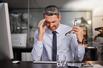 Aufkleber - Corporate, mature man and office with headache or stress for deadline and business concern. Project manager, boss and pain with tension or pressure for company or career growth and frustrated