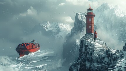 Poster - Showcase a container ship passing beneath a majestic lighthouse perched atop rugged cliffs, guiding vessels safely through treacherous coastal waters.