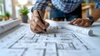 Architect or engineer creating blueprints for residential construction project using technology. Concept Residential Construction, Blueprints, Architectural Design, Building Technology