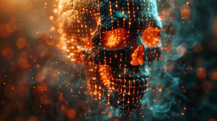 Fototapete - The concept of cybercrime, illustrated with a skull shape surrounded by binary code