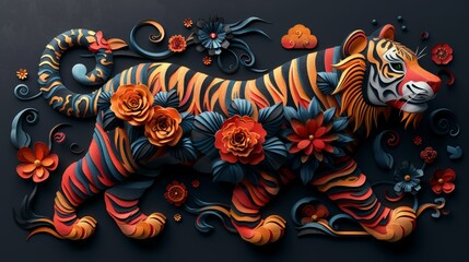 Aufkleber - Zodiac sign of the tiger in Chinese. Graphic of colourful cyber tigers with traditional Chinese elements.