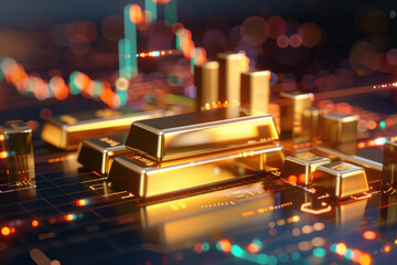 Canvas Print - Shiny gold bars stacked against a backdrop of digital stock market charts signifying wealth and investment