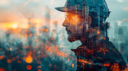 Poster - Smart city concept, graphic of engineer with smart city