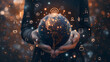 A person holding a globe with various business icons floating around it, depicting the global reach and scalability of innovative business ideas