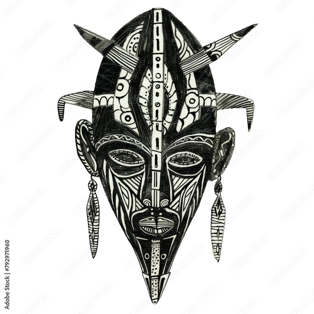African mask for ritual isolated black and white illustration on ...