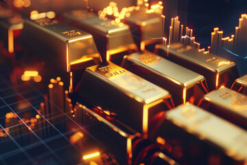 Wall Mural - Close-up of stacked gold bars with glowing edges against a backdrop of digital financial trading data, symbolizing wealth and investment