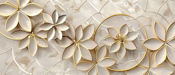 Wall Mural - It involves decorative reinforcement stitching (or functional embroidery) in the form of gold pattern and lines on white background. Leaves pattern modern.