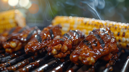 Sticker - Barbecued chicken and corn grilling.