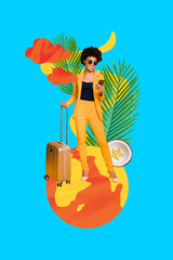 Poster - Vertical collage young smiling woman valise luggage smartphone tickets booking travel agency journey vacation continent abroad planet