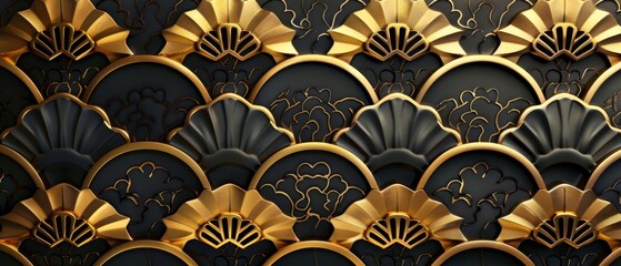 Poster - A seamless Japanese pattern modern with a geometric gold background texture. Floral elements are incorporated into the pattern.