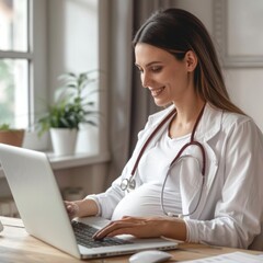 Aufkleber - Woman Sitting at Desk Using Laptop Computer